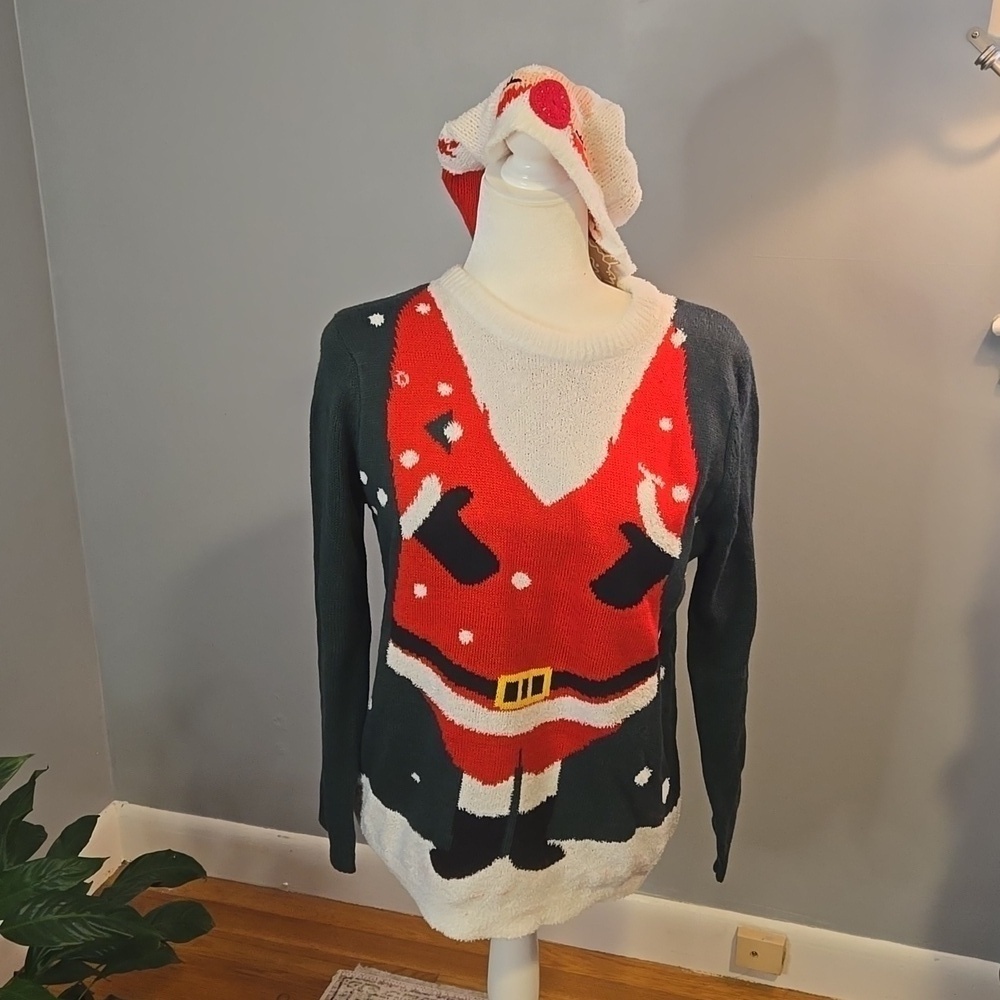 Merry Christmas by Poof Naughty Santa Christmas Sweater and Hat Set - Size M
